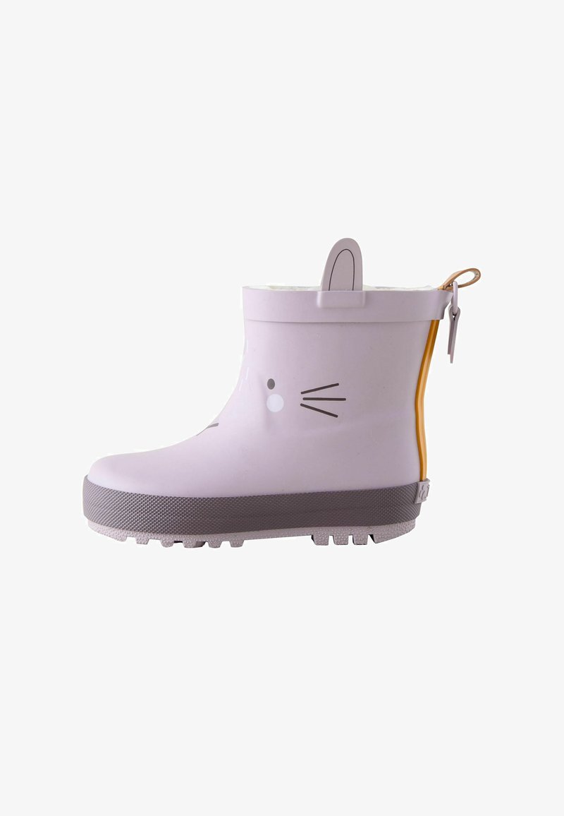 Botte de pluie enfant violet clair avec semelle grise, motif visage de souris, languette en forme d’oreille et détail de fermeture éclair jaune au dos.