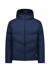 Marine blauwe pufferjack met een volledige rits aan de voorkant, verstelbare capuchon met trekkoorden en twee zijzakken met rits. Gevoerde, geïsoleerde stof.