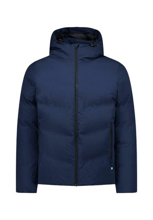 Marine blauwe pufferjack met een volledige rits aan de voorkant, verstelbare capuchon met trekkoorden en twee zijzakken met rits. Gevoerde, geïsoleerde stof.