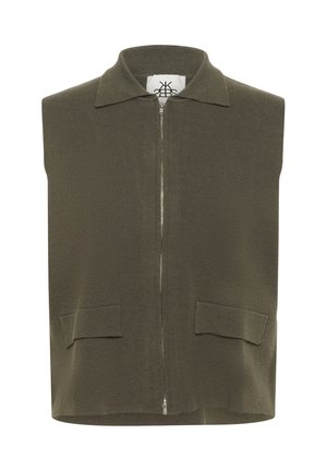 Bez piedurknēm, ar rāvējslēdzēju aiztaisāms vestes izstrādājums olīvu zaļā krāsā, izgatavots no teksturēta trikotāžas auduma. Aprīkota ar plakanu apkakli un divām priekšējām kabatām.