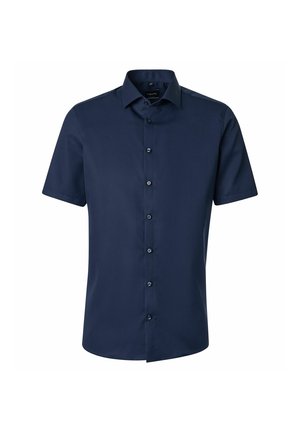 Heren korte mouwen donkerblauw overhemd met knopen en een spitse kraag, weergegeven op een witte achtergrond.