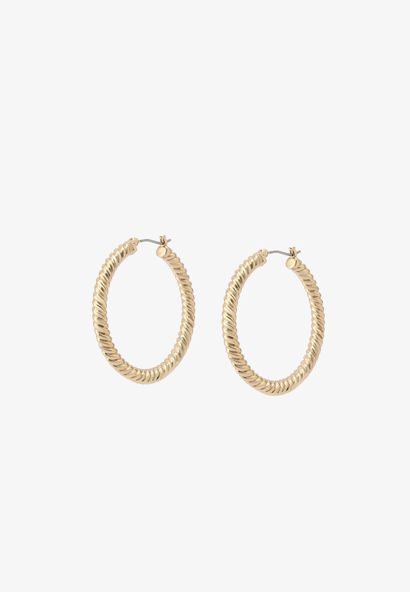 Gold-tone hoop earrings with a twisted design, featuring a smooth texture and secure closures, measuring approximately 3 inches in diameter.