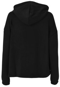 Svart huvtröja med rymlig passform, långa ärmar och huva. Texturen verkar mjuk och designen är enkel utan mönster eller detaljer.