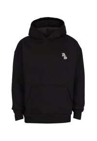 Sweatshirt à capuche noir avec poche avant et petit logo blanc "DS" sur la poitrine gauche, manches longues et épaules côtelées.