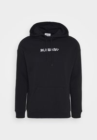 Black hoodie made from soft fabric, featuring a front pouch pocket and drawstrings. White text in Japanese is printed on the chest.