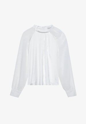 Valge satiinist pluus pika varrukaga, ümmarguse kaelusega ja volditud esi detailiga. Omab seljaosal tõmblukku ja kitsenevaid mansette. Sile tekstuur.