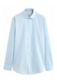 Hellblaues Button-Up-Hemd aus Baumwolle mit langen Ärmeln, klassischem Kragen und abgerundetem Saum. Schlichtes Design mit sichtbaren Knöpfen.