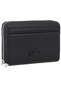 Portafoglio nero con texture, chiusura con zip, dotato di slot per carte sulla parte anteriore e logo in rilievo. Realizzato in materiale resistente con un design elegante.