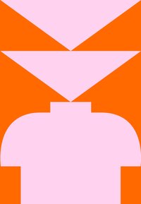 Twee overlappende geometrische vormen: een roze driehoek en een afgeronde roze vorm op een oranje achtergrond. Het ontwerp heeft vloeiende lijnen en scherpe hoeken.