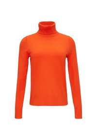 Pomarańczowy sweter z golfem, wykonany z miękkiego, gładkiego materiału dzianinowego. Posiada długie rękawy oraz dopasowany krój z prążkowanymi akcentami przy kołnierzu i hemie.