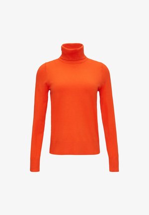 Pull en col roulé orange en maille douce et lisse. Il a des manches longues et une silhouette ajustée avec des accents côtelés au col et à l'ourlet.