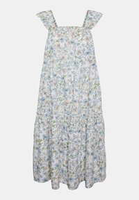 Robe d'été blanche sans manches avec bretelles à volants et imprimé floral bleu clair, pêche et vert, avec jupe à étages.