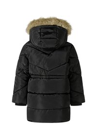 Svart pufferjacka med en huva som är fodrad med fuskpäls, med horisontell sömnad och en indragen midja för en snug passform. Bakvy visas.