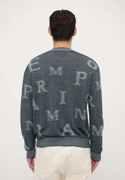 Maglione grigio lavorato a maglia con un sottile motivo di lettere, colletto girocollo e polsini e orlo a costine. Il materiale sembra morbido e texturizzato.