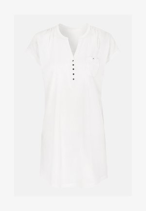 Witte tuniek met korte mouwen, V-hals, knoopsluiting met zwarte knopen, een borstzak en geraffineerde schouders. Zachte stof en relaxte pasvorm.