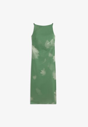 Green sleeveless midi dress with thin straps and light white floral pattern scattered across the fabric.