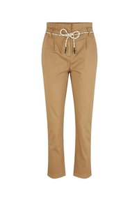 Brązowe, krótkie spodnie z elastycznym paskiem i kontrastowym białym sznurkiem. Gładki materiał z dopasowanym krojem i prostymi nogawkami.