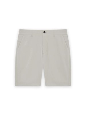 Shorts beige da uomo con bottone e cerniera frontali, due tasche laterali e passanti per cintura, disposti piatti su uno sfondo bianco.