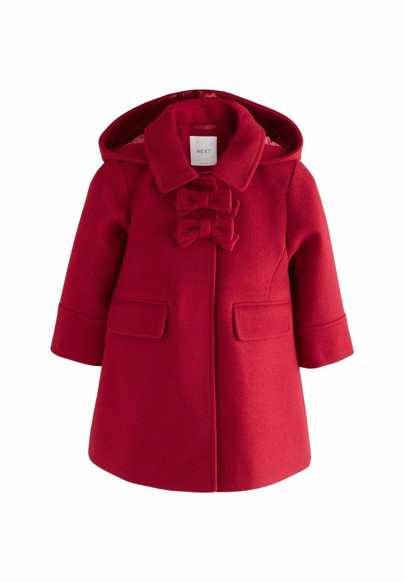 Roter Wollmischmantel mit Kapuze, zwei Schleifenakzenten an der Vorderseite und zwei Taschen vorne. Hat eine taillierte Passform mit ärmellangen Ärmeln.