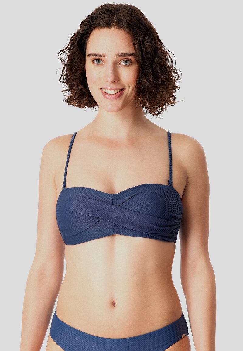 Marine bandeau bikini top met gedraaide voorkant en verstelbare spaghettibandjes; soepele textuur. Bijpassende bikini_bottom maakt de set compleet.