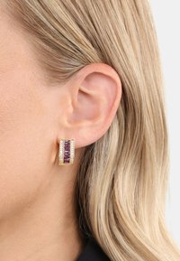 Guldtonade hoops som har en central rad av rektangulära lila stenar, inramade av mindre klara stenar, som visar en elegant design.