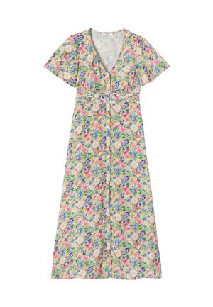 Robe midi fleurie à manches courtes, col en V, boutonnage devant et imprimé coloré avec des fleurs roses, violettes, bleues et vertes.