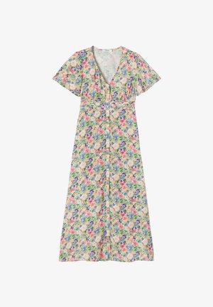 Robe midi fleurie à manches courtes, col en V, boutonnage devant et imprimé coloré avec des fleurs roses, violettes, bleues et vertes.