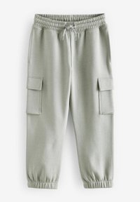 Lichtgrijze trainingsbroek met een elastische tailleband, koord en twee zijzakken met klep en gathered enkelmanchetten.