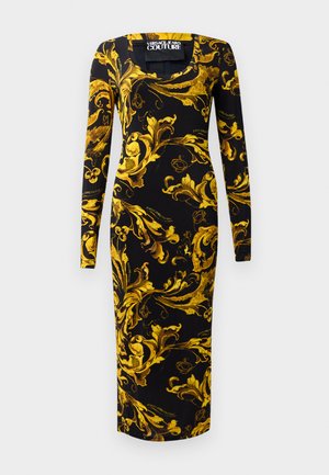 Black long-sleeve dress with a fitted silhouette, featuring golden floral patterns and a square neckline, made of smooth fabric.