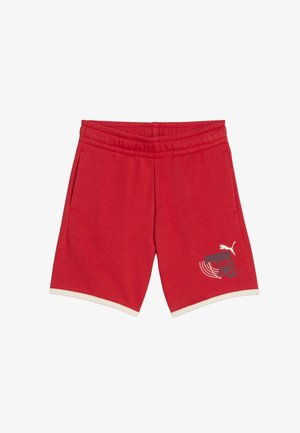 Shorts de sport rouges avec bordure blanche, taille élastique, poches latérales et logo noir Puma avec un graphique sur la jambe droite.