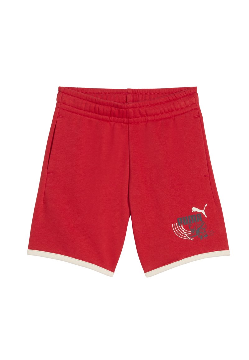 Rode sportieve shorts met witte bies, een elastische tailleband, zijzakken en het zwarte Puma-logo met afbeelding op het rechterbeen.