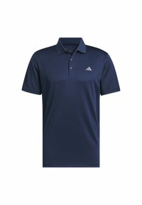 Polo majica tamnoplave boje od glatkog materijala, s ovratnikom, tri dugmeta i malim sivim logotipom na lijevoj strani prsiju.