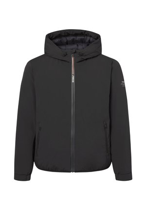 Giacca nera con cappuccio, cerniera frontale, due tasche laterali con zip, cordoncini regolabili del cappuccio e logo discreto del marchio sulla cerniera e sulla manica sinistra.