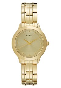 Gold-tone metal watch with a round face, textured light gold dial, minimalist hour markers, and a linked bracelet strap.
