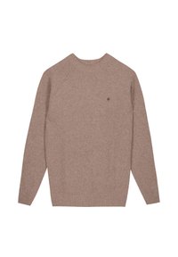 Beige geribbelde trui met ronde hals en lange mouwen, voorzien van een klein donker geborduurd logo op de borst.