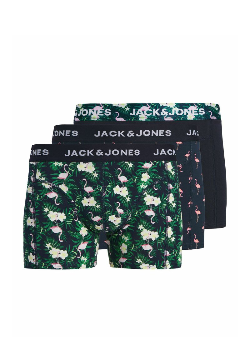 Trzy pary bokserek Jack & Jones: kwiatowe z flamingami, ciemnoniebieskie z flamingami oraz jednolite czarne; wszystkie mają elastyczne pasy.