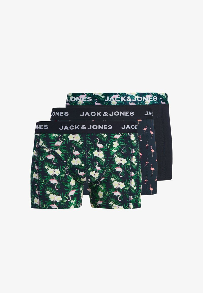Trzy pary bokserek Jack & Jones: kwiatowe z flamingami, ciemnoniebieskie z flamingami oraz jednolite czarne; wszystkie mają elastyczne pasy.