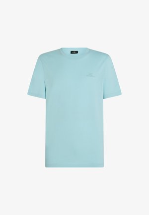 Light blue short-sleeve t-shirt made of cotton. It features a round neckline and a subtle logo printed on the chest. Soft texture.