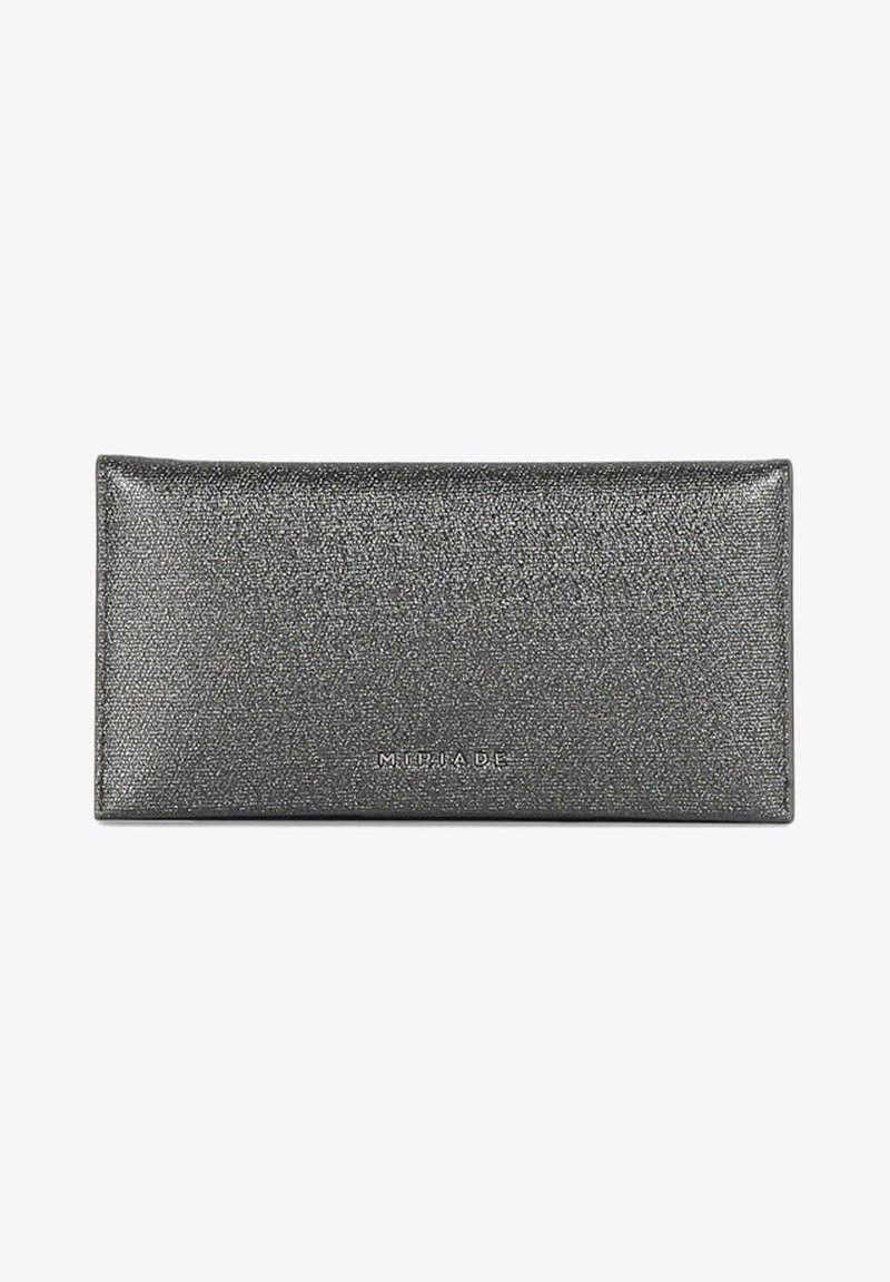 Gray leather wallet with a textured finish, rectangular shape, and embossed branding. Features a clean, minimalist design and no visible hardware.