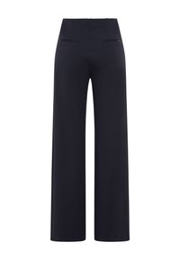 Black wide-leg trousers with a smooth, textured finish, featuring a high waist and two front pockets for functionality.