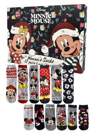 Set of Disney women's socks featuring 12 pairs with various colors and patterns, displaying Minnie and Mickey Mouse in festive designs.