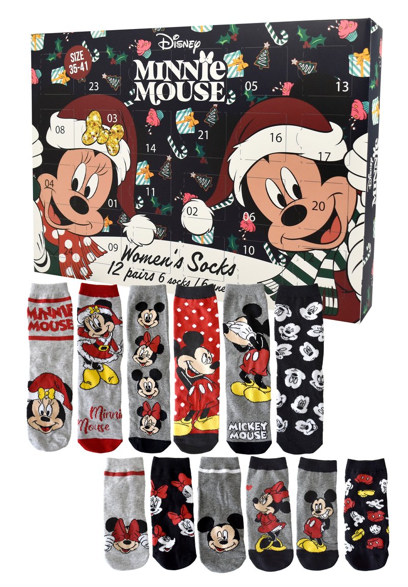 Set di calze da donna Disney composto da 12 paia con vari colori e motivi, che mostrano Minnie e Mickey Mouse in design festivi.