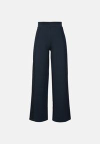 Pantaloni largi bleumarin cu un accent din dantelă texturată pe laterale. Confecționați dintr-un material elastic pentru confort, având o talie înaltă.