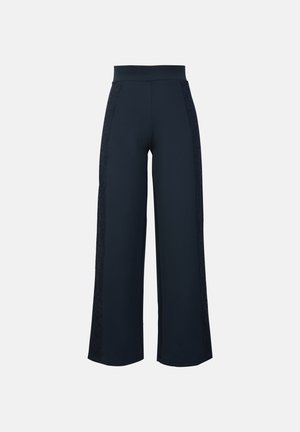 Navy wide-leg pants with a textured lace accent along the sides. Made of stretchy fabric for comfort, featuring a high waistband.