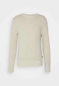 Cremfarbener Strickpullover mit einem strukturierten Muster. Verfügt über einen runden Halsausschnitt und gerippte Bündchen sowie Saum.
