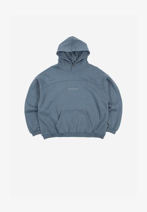 Zils pārmērīga izmēra džemperis ar kapuci, priekšpusē kengura kabata un neliels "wasted" uzraksts centrēts krūšu rajonā zem kapuces.