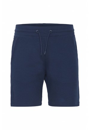Donkerblauwe shorts gemaakt van een gestructureerde stof, met een elastische tailleband met trekkoord en zijzakken voor extra gemak.