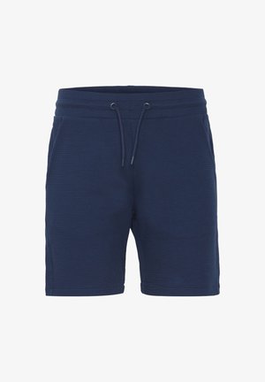 Donkerblauwe shorts gemaakt van een gestructureerde stof, met een elastische tailleband met trekkoord en zijzakken voor extra gemak.
