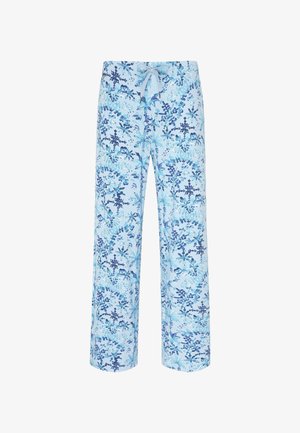 Jasnoniebieskie spodnie o szerokich nogawkach z kwiecistym wzorem w granatowych i niebieskich odcieniach. Posiadają ściągacz w talii oraz gładką teksturę materiału.