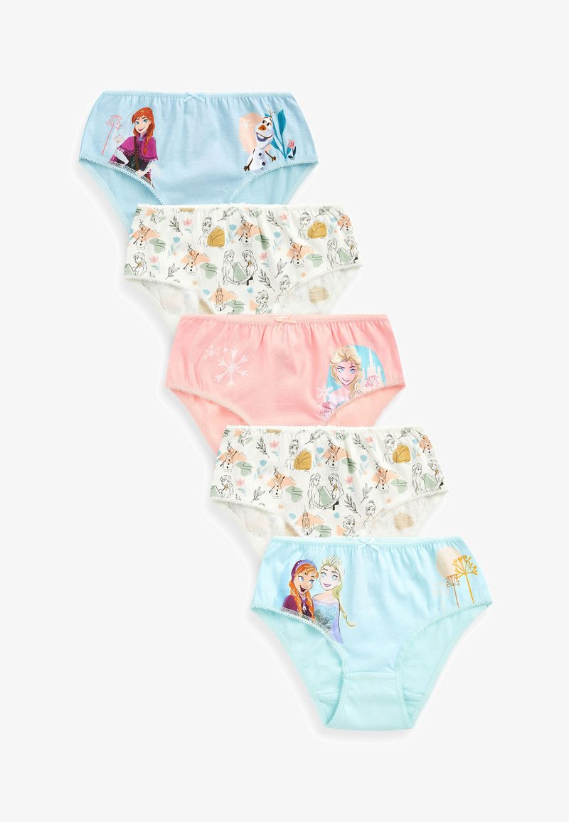Vijf paar kinderondergoed van katoen. Voorzien van kleurrijke prints van Disney-personages, waaronder Anna en Elsa, in blauw, roze en wit.